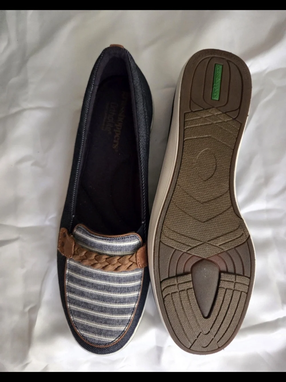 Grasshoppers Navy Stripe Flats with Tan Braided Trim